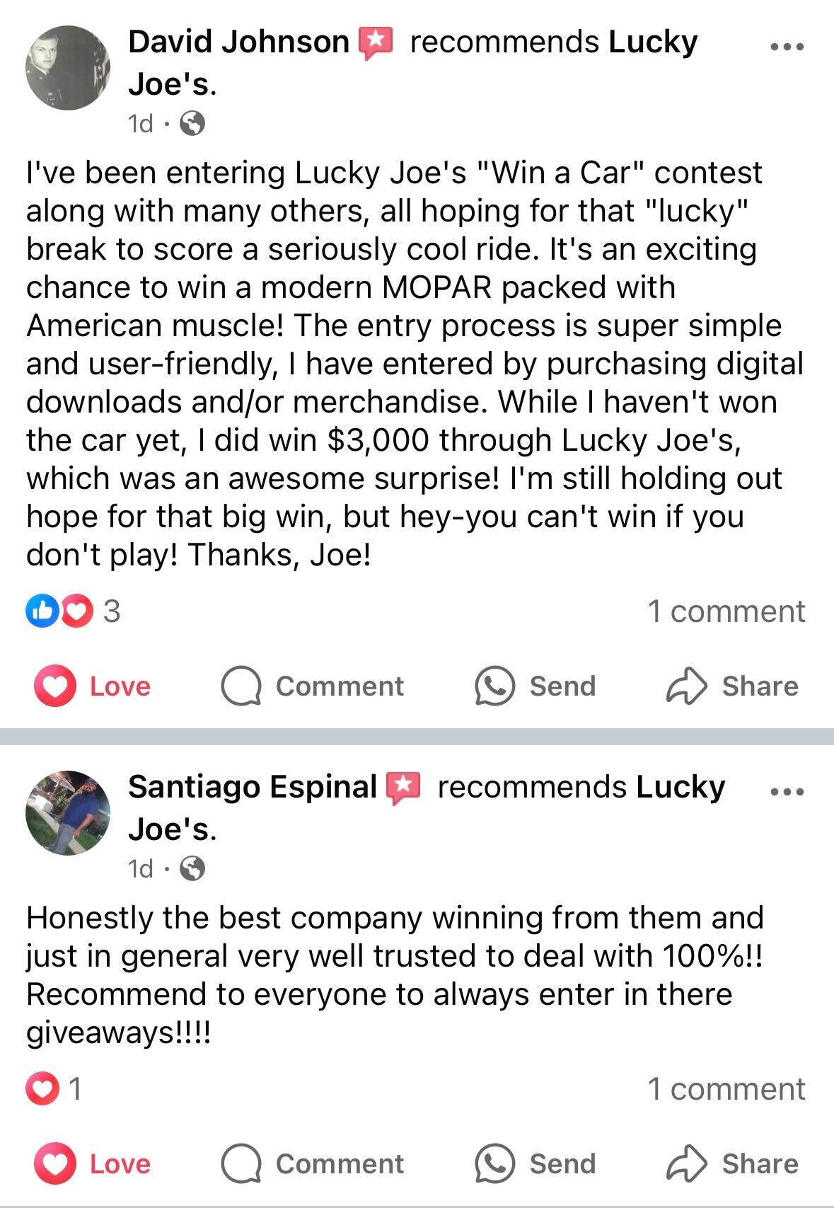 Two Facebook posts recommending 'Lucky Joe's' with positive reviews and comments.