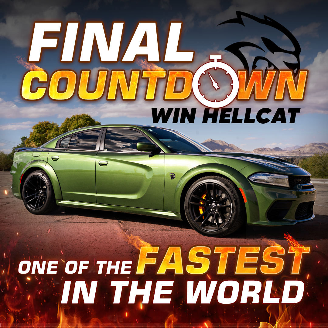 Promotional image for a contest to win a green Dodge Charger Hellcat, with fiery text.