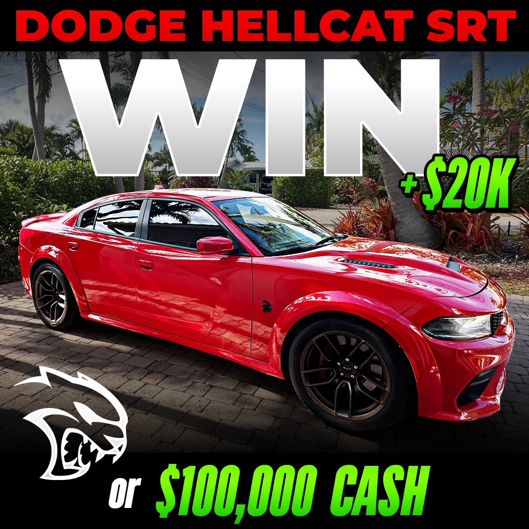 Red Dodge Hellcat SRT with text offering a chance to win cash.