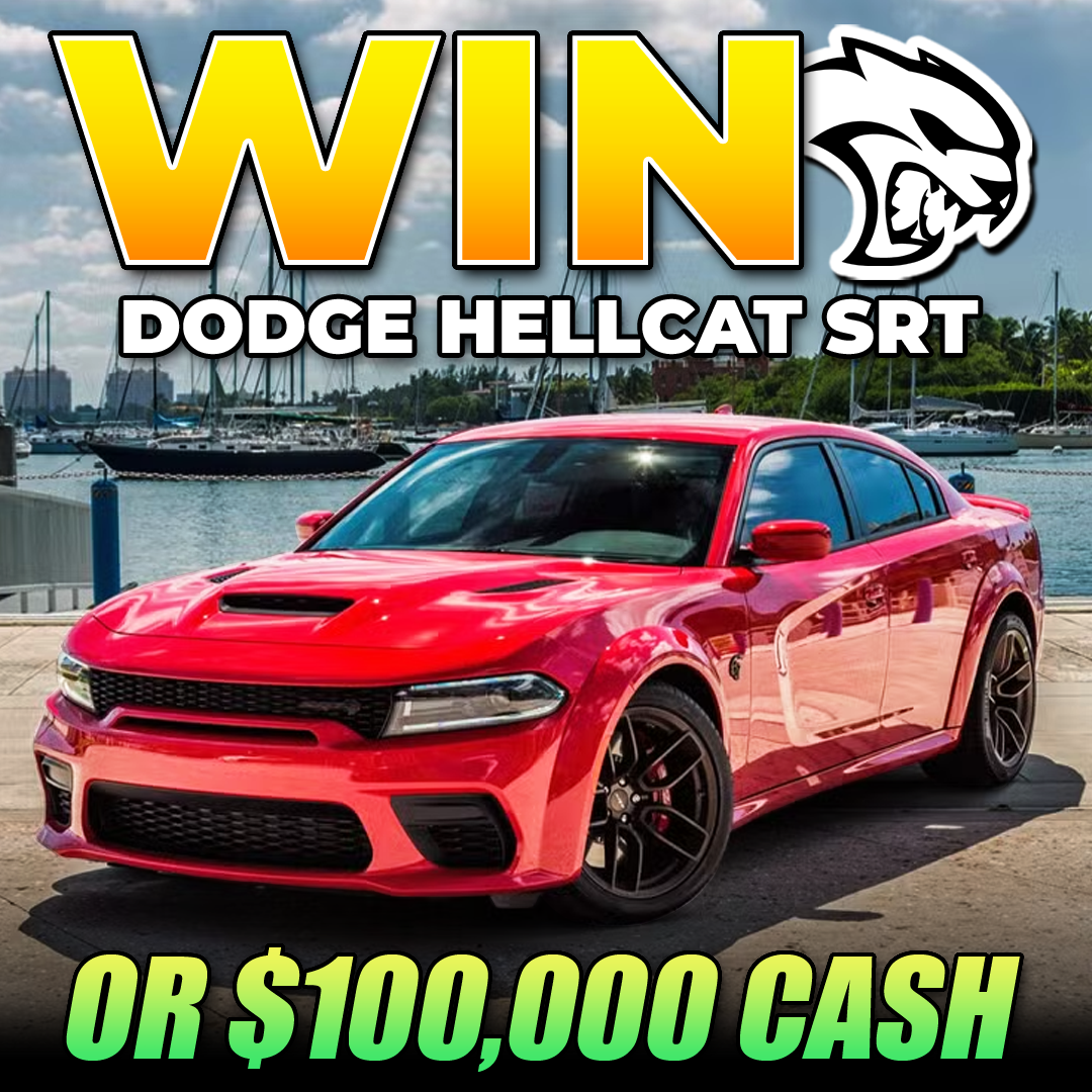 Red Dodge Hellcat SRT car with text promoting a cash prize.