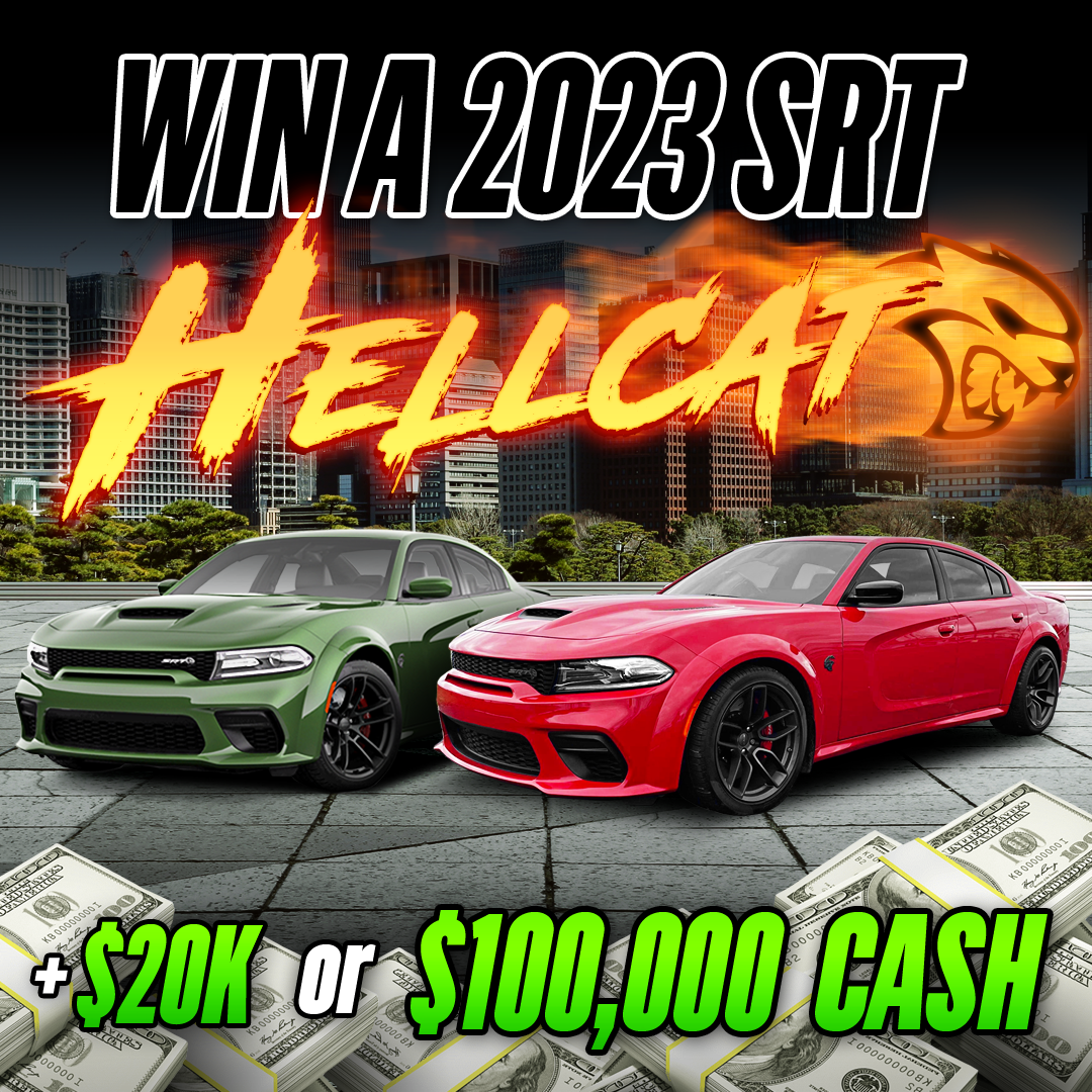 Two cars with text promoting a 2023 SRT Hellcat giveaway.
