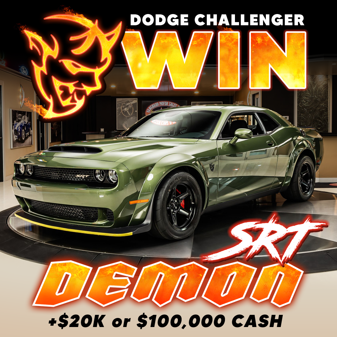 A green Dodge Challenger SRT Demon in a showroom with text advertising a giveaway.