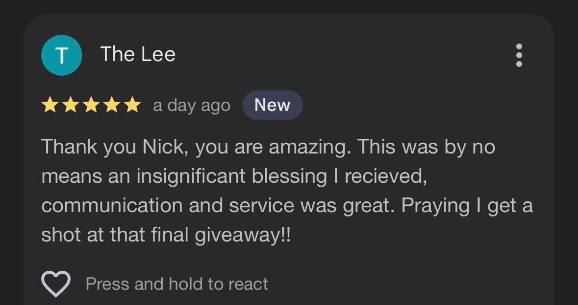 A five-star review praising communication and service, mentioning a giveaway.
