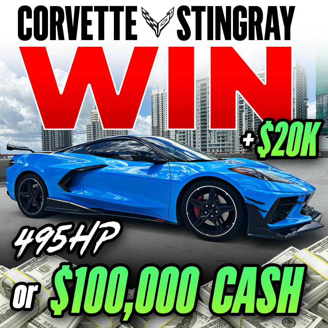 Blue Corvette Stingray on rooftop with 'Win' text and cash graphics.
