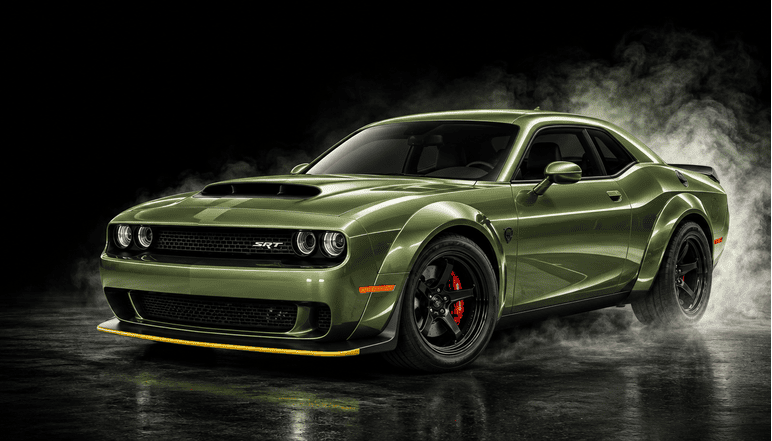 Promotional image showing a green Dodge Challenger Demon with text advertising a car giveaway.