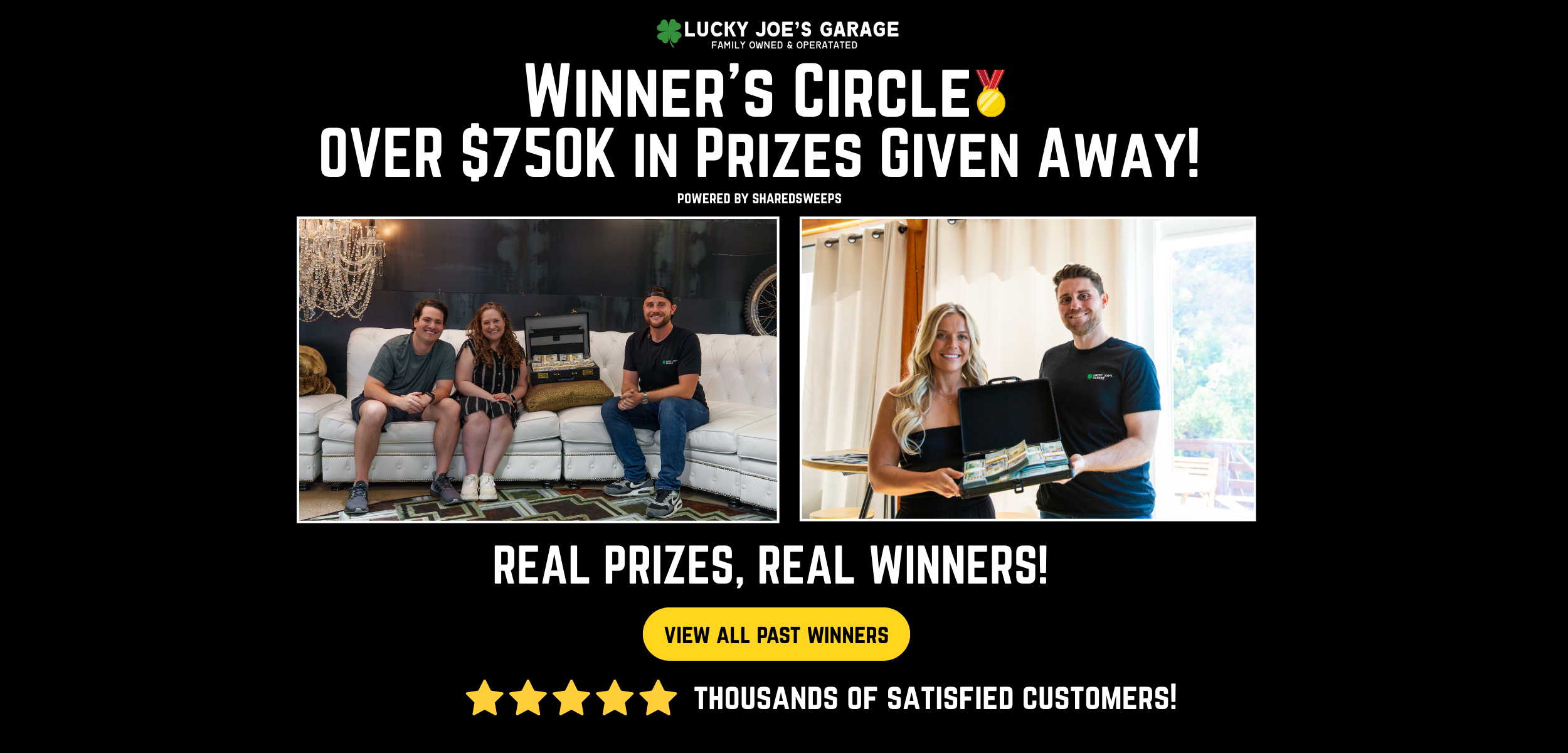 Photos of people on a couch with prize money.