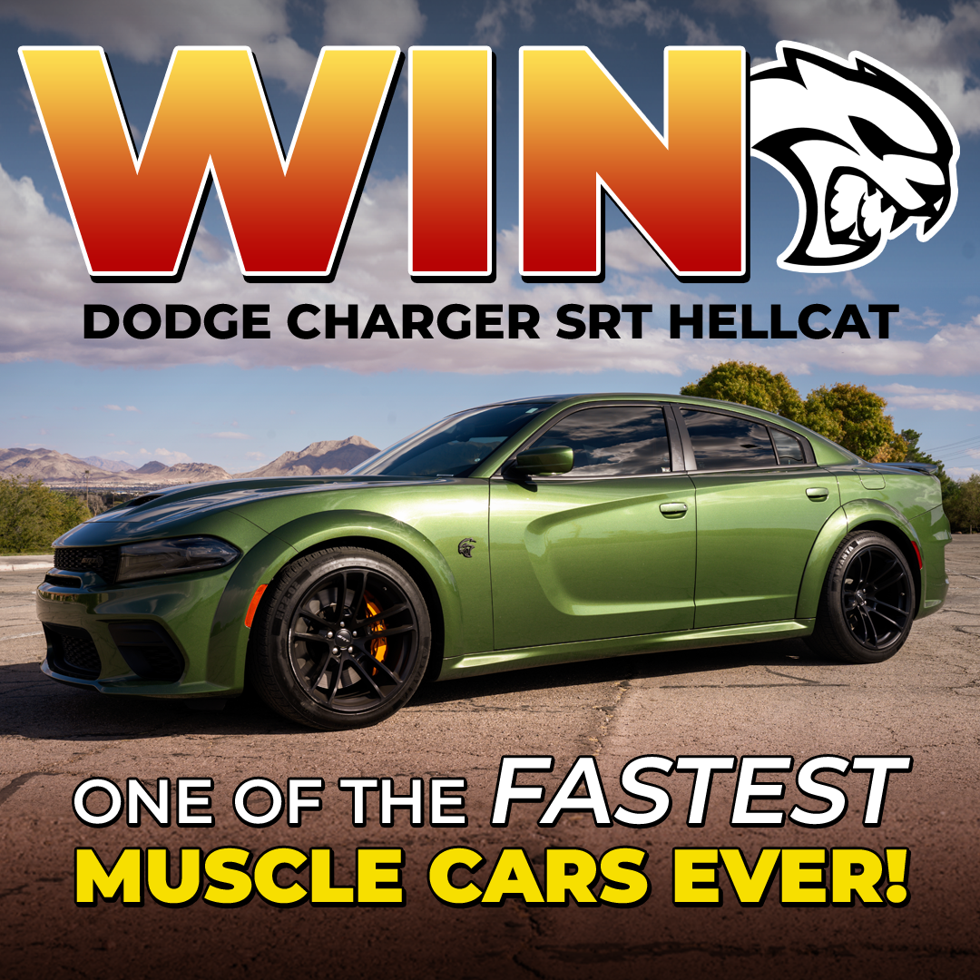 Green Dodge Charger SRT Hellcat with promotional text and logo.