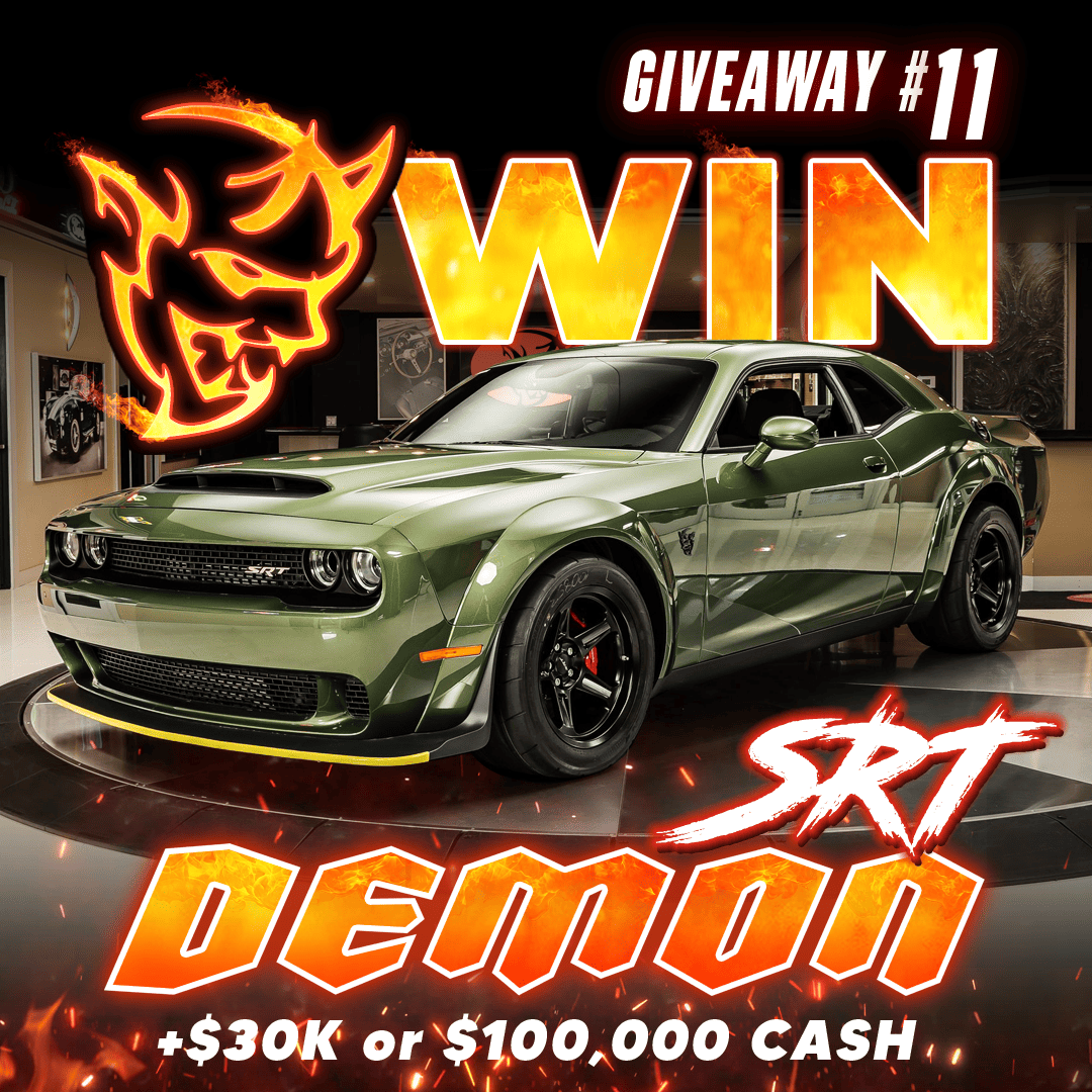 A green Dodge Challenger SRT Demon in a showroom with text advertising a giveaway.