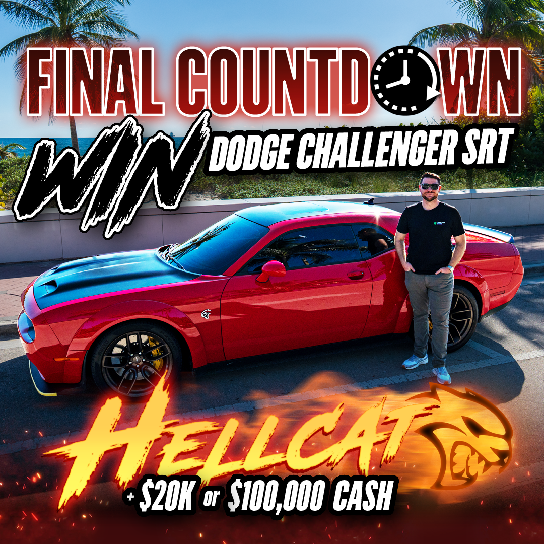A man stands next to a red Dodge Challenger SRT Hellcat in a promotional advertisement.