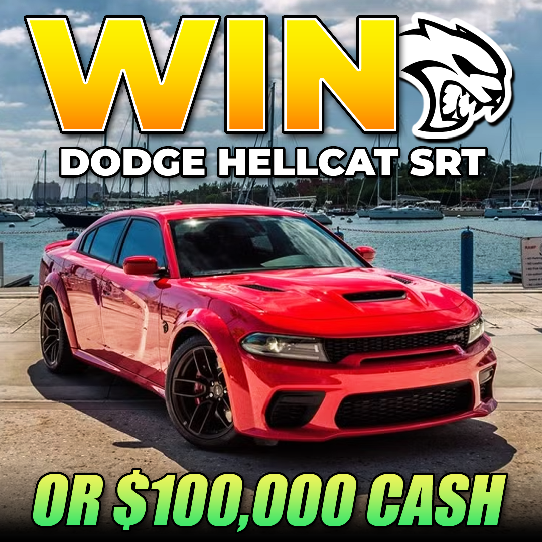 Red Dodge Hellcat SRT car by a marina with text promoting a contest.