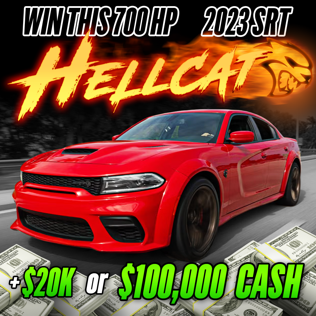 Red car with text promoting a 700 HP Hellcat and cash prizes.