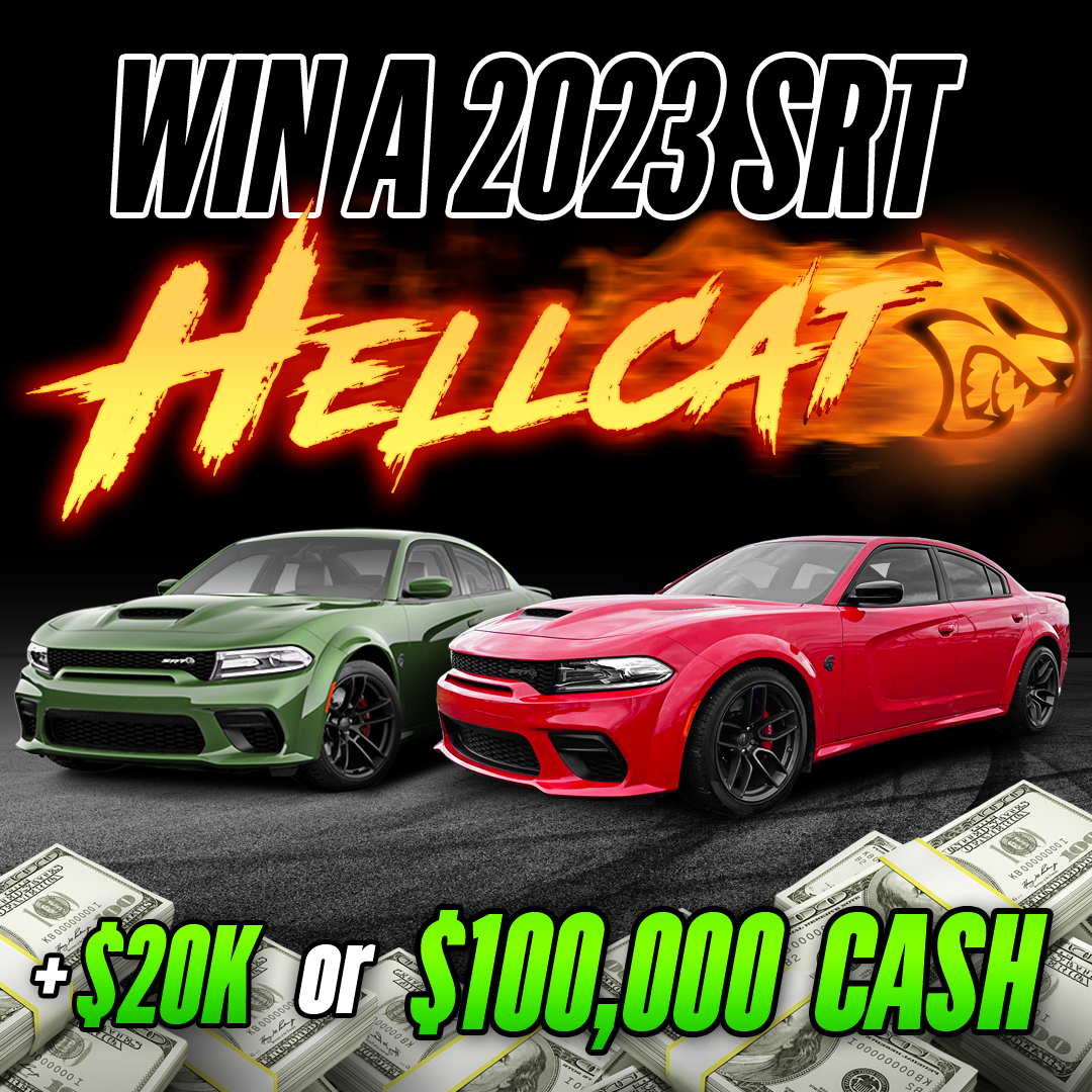 Two cars with text promoting a 2023 SRT Hellcat giveaway and cash prizes.