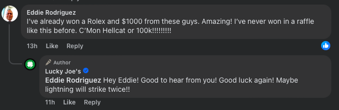 Facebook comment exchange about winning a Rolex and $1000 in a raffle.