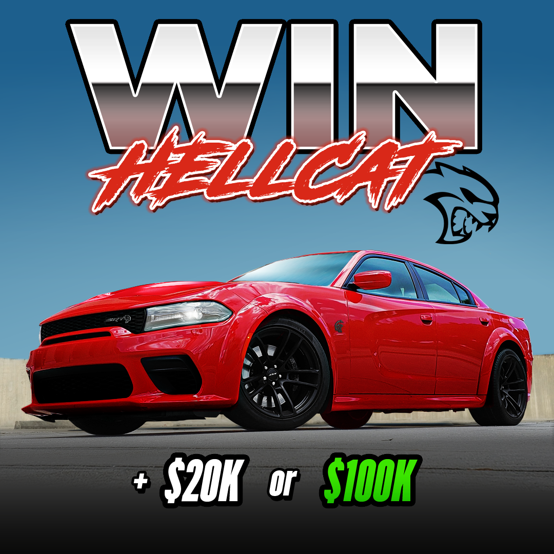 Red car with 'Win Hellcat' text and cash prize options.