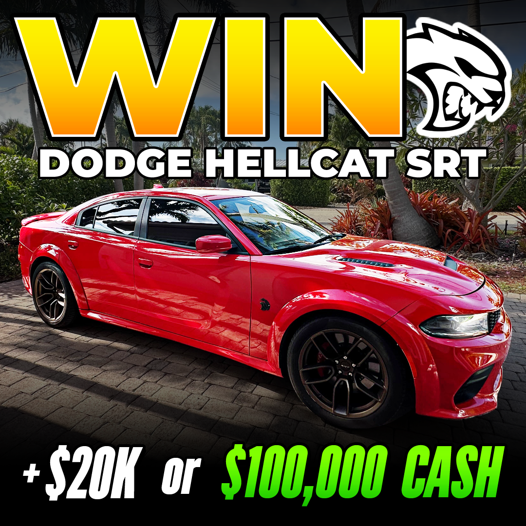 Red Dodge Hellcat SRT with promotional text for a contest.