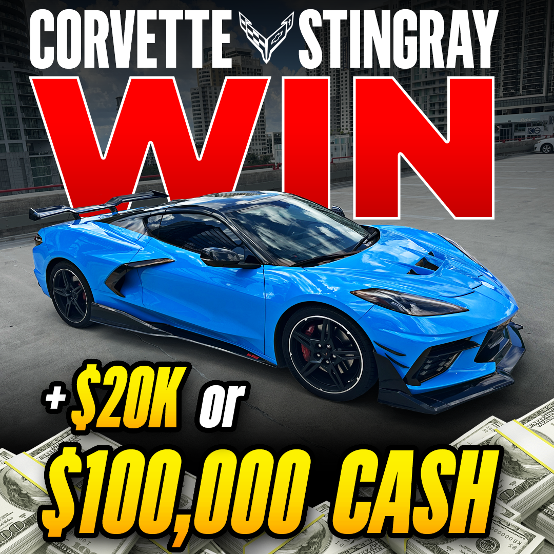 A man holds cash while standing next to a red Dodge Challenger SRT Hellcat on a rooftop.