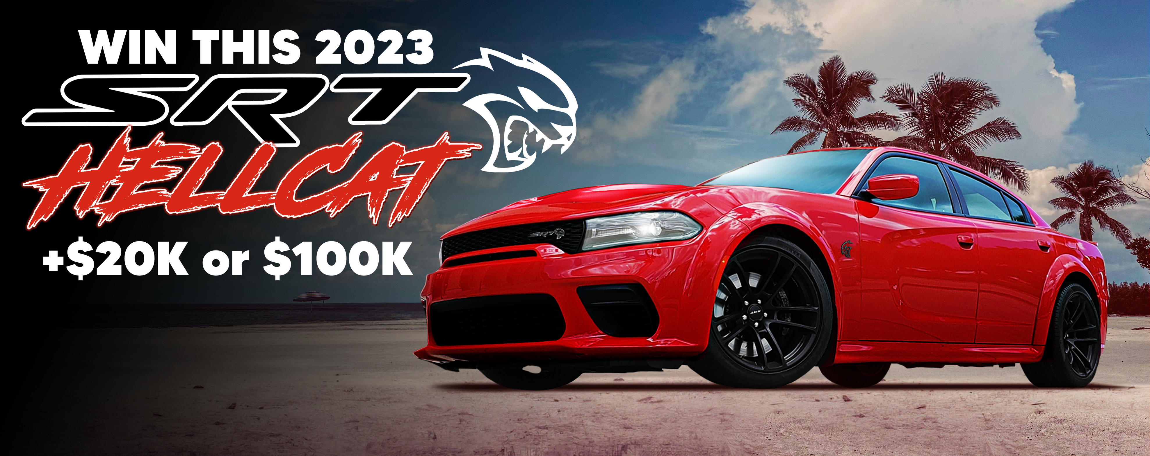 Red car with palm trees and promotional text for a 2023 SRT Hellcat giveaway.