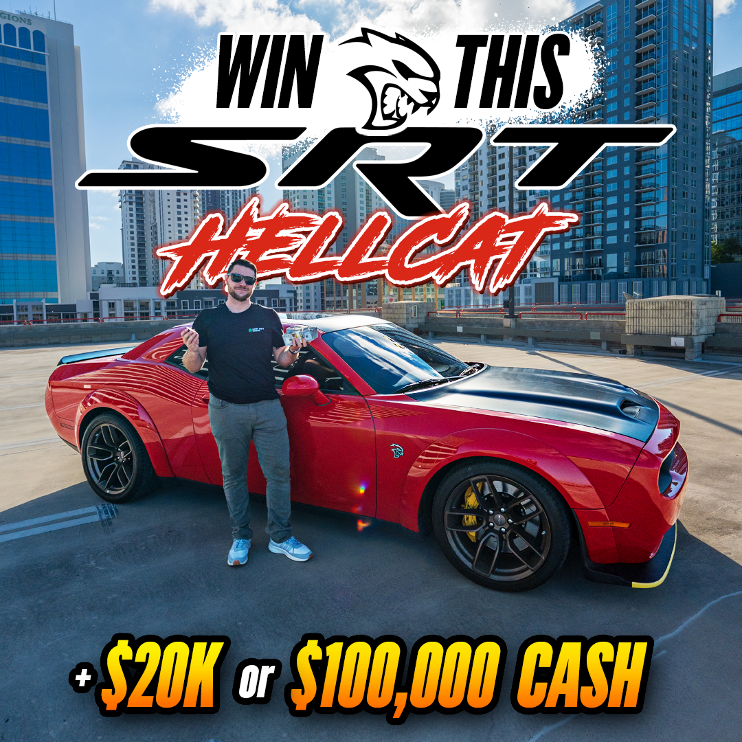 Person holding money beside a red car with 'Win This SRT Hellcat' text.