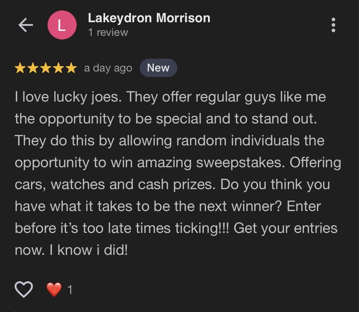 A five-star review praising sweepstakes opportunities with a heart emoji reaction.