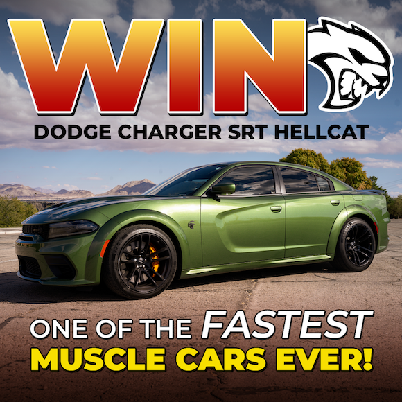 A promotional image for a contest to win a green Dodge Charger SRT Hellcat.