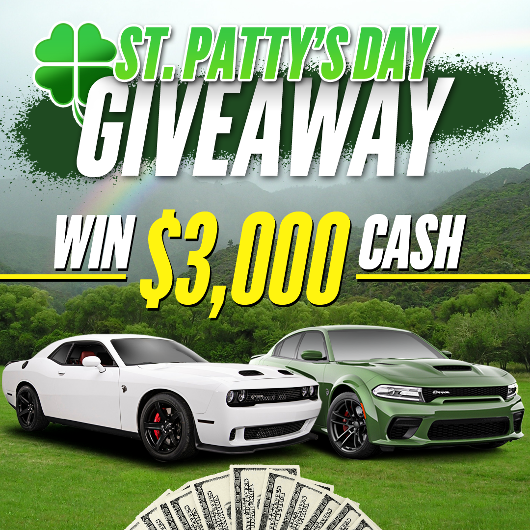 St. Patty's Day giveaway announcement with cars and $3,000 cash prize.