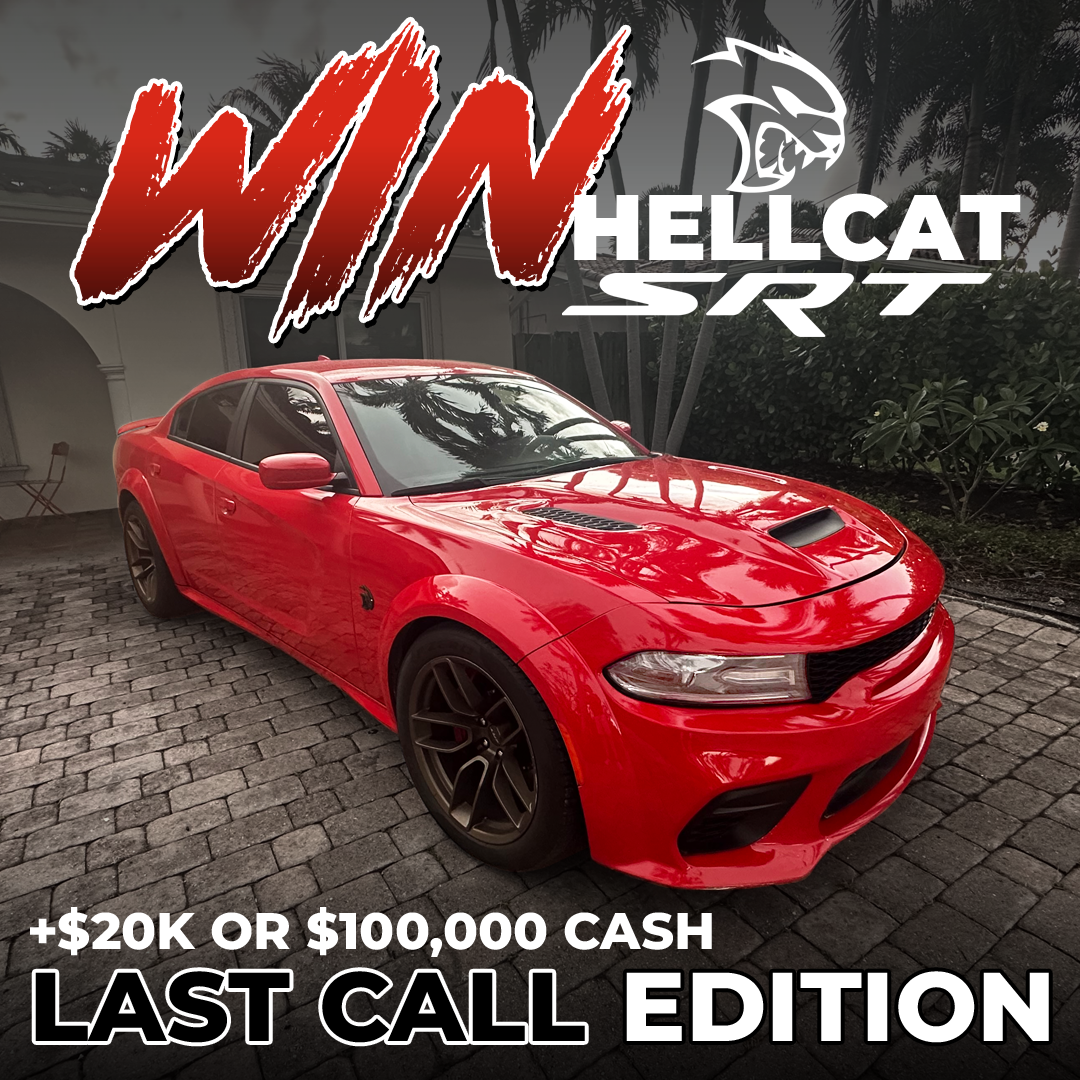 Red car with 'Win Hellcat SRT' text and cash prize details.
