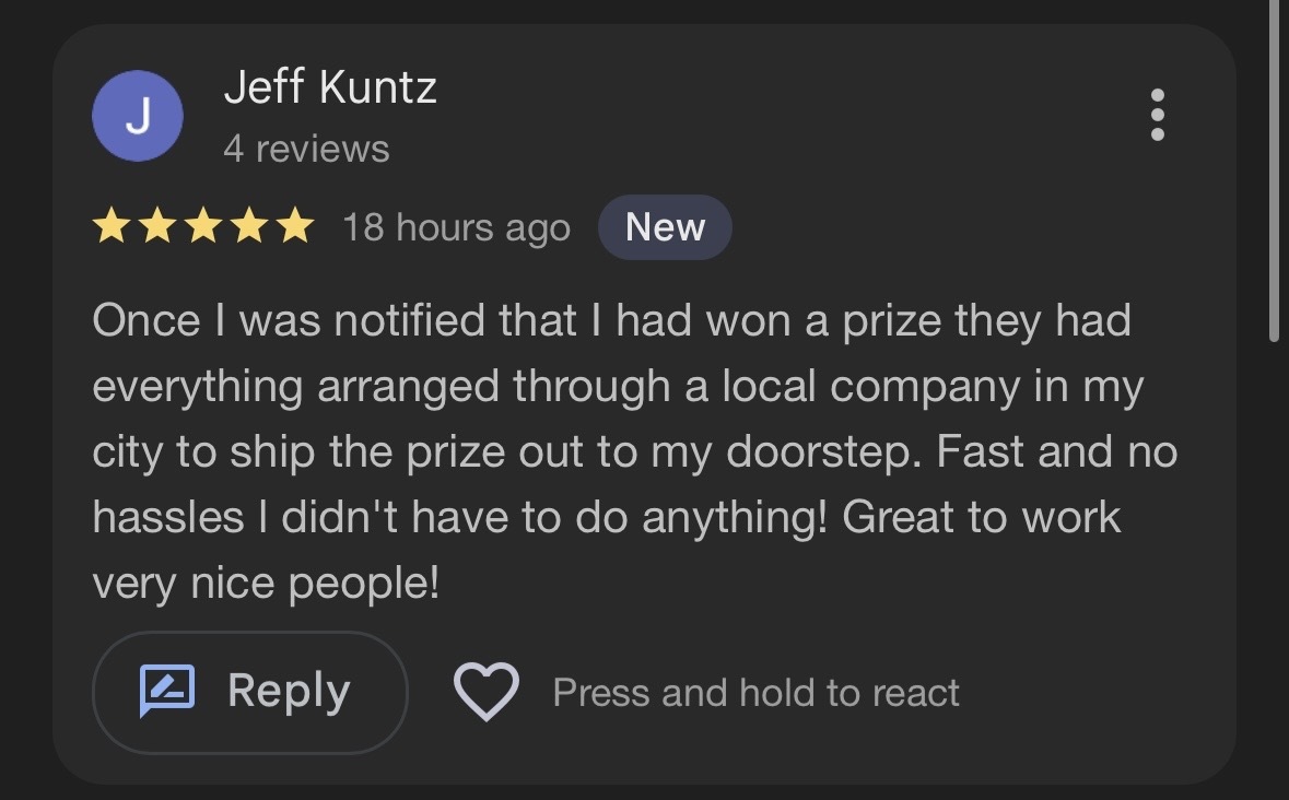 A five-star review praising a prize delivery service.
