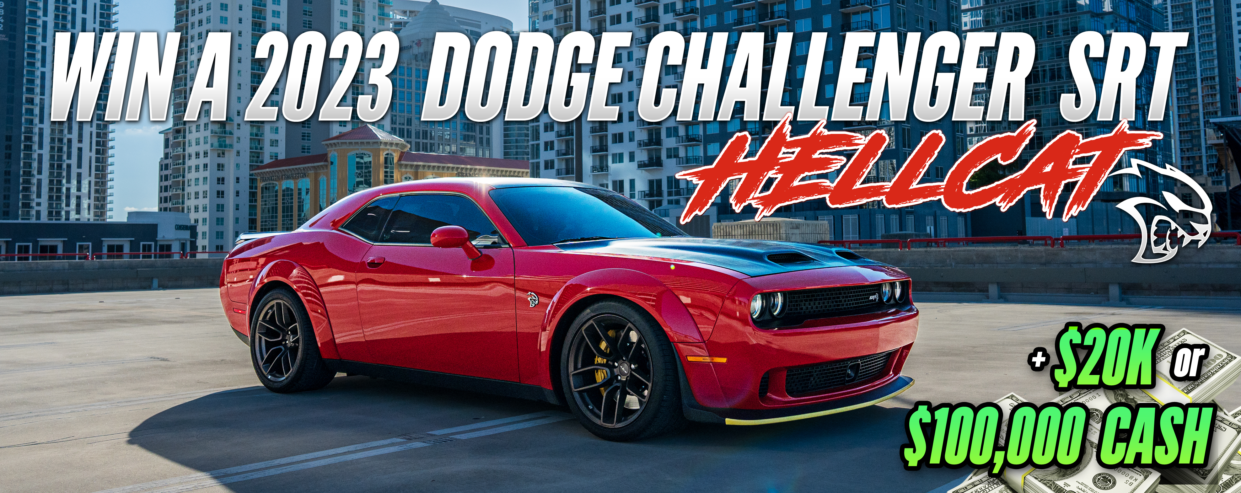 Red Dodge Challenger SRT Hellcat parked with cityscape background.