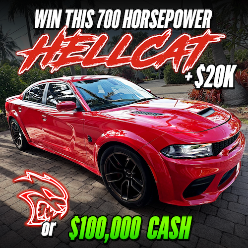 Red car with text promoting a Hellcat giveaway and cash prize.