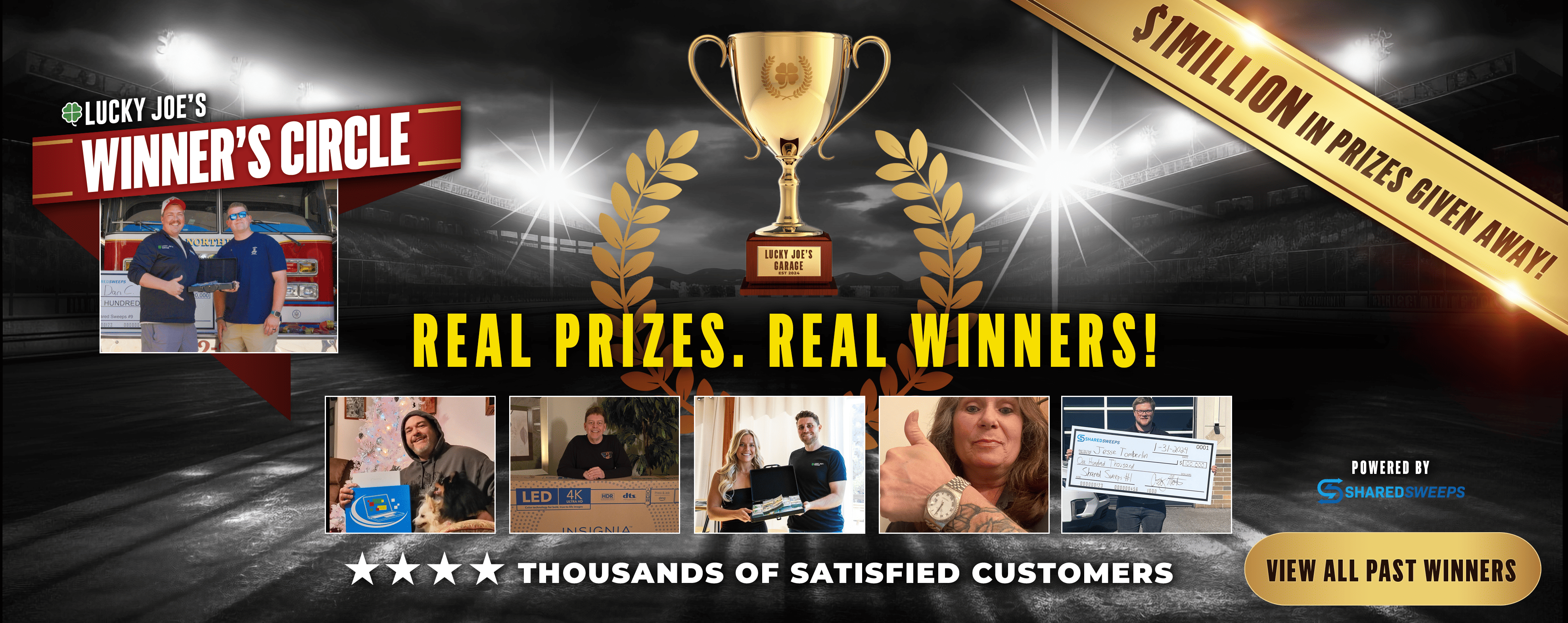 A promotional graphic for Lucky Joe's Winner's Circle, showing photos of past winners and announcing prize giveaways.