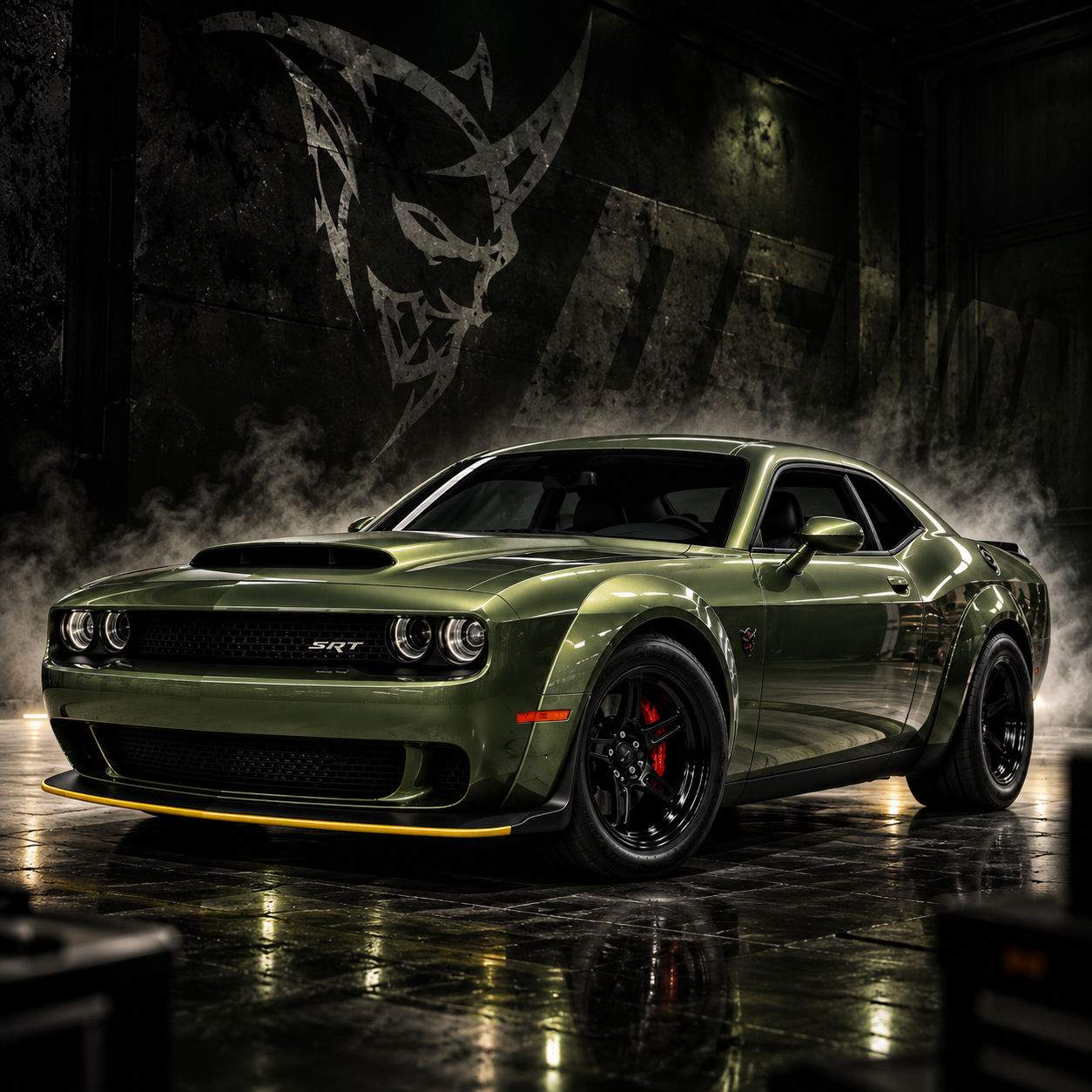 A green Dodge Challenger SRT parked in a dark, smoky garage with a large demon logo on the wall.