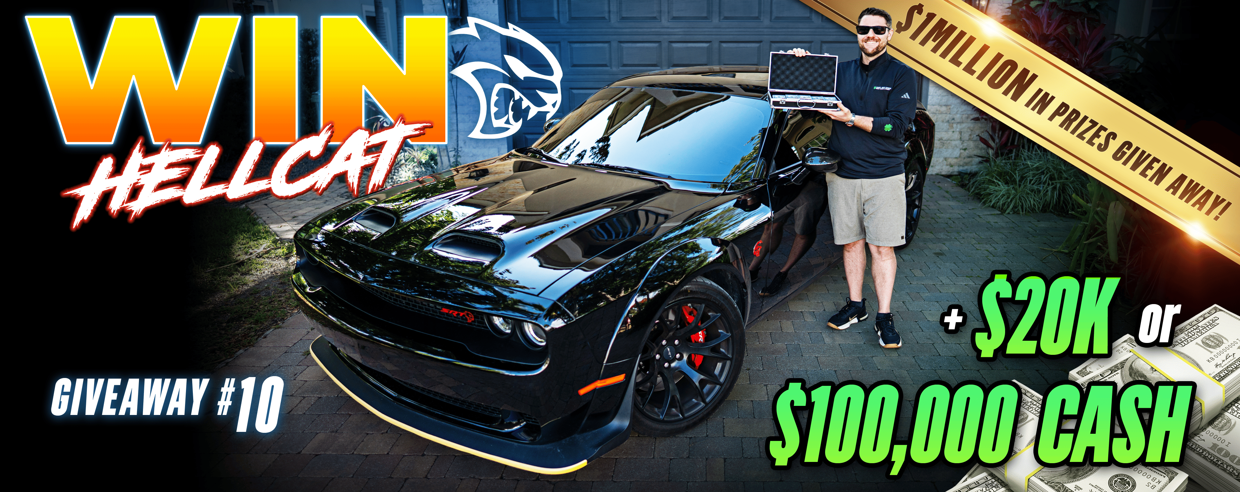 A promotional image for a giveaway featuring a man standing next to a black Dodge Challenger Hellcat.