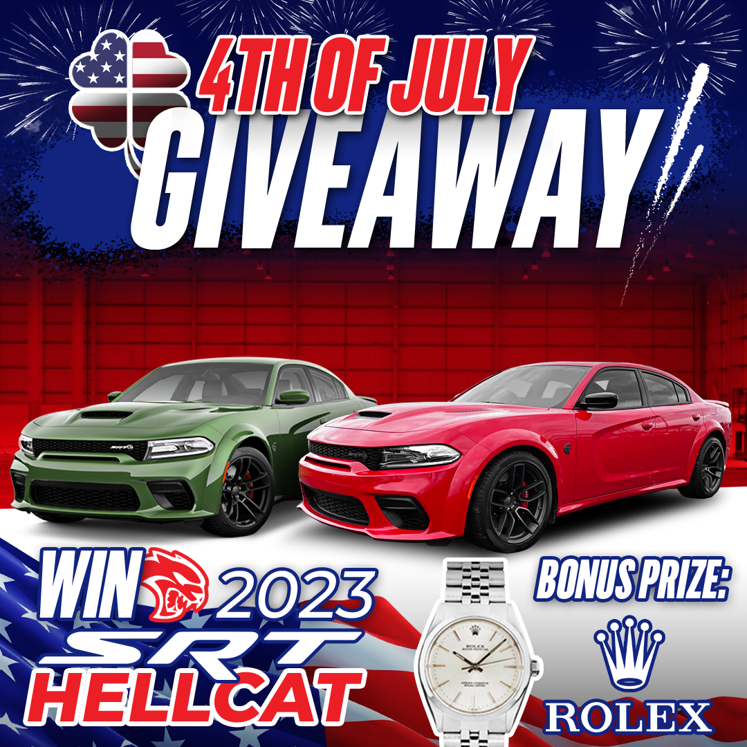 4th of July giveaway with two cars and a watch as prizes.