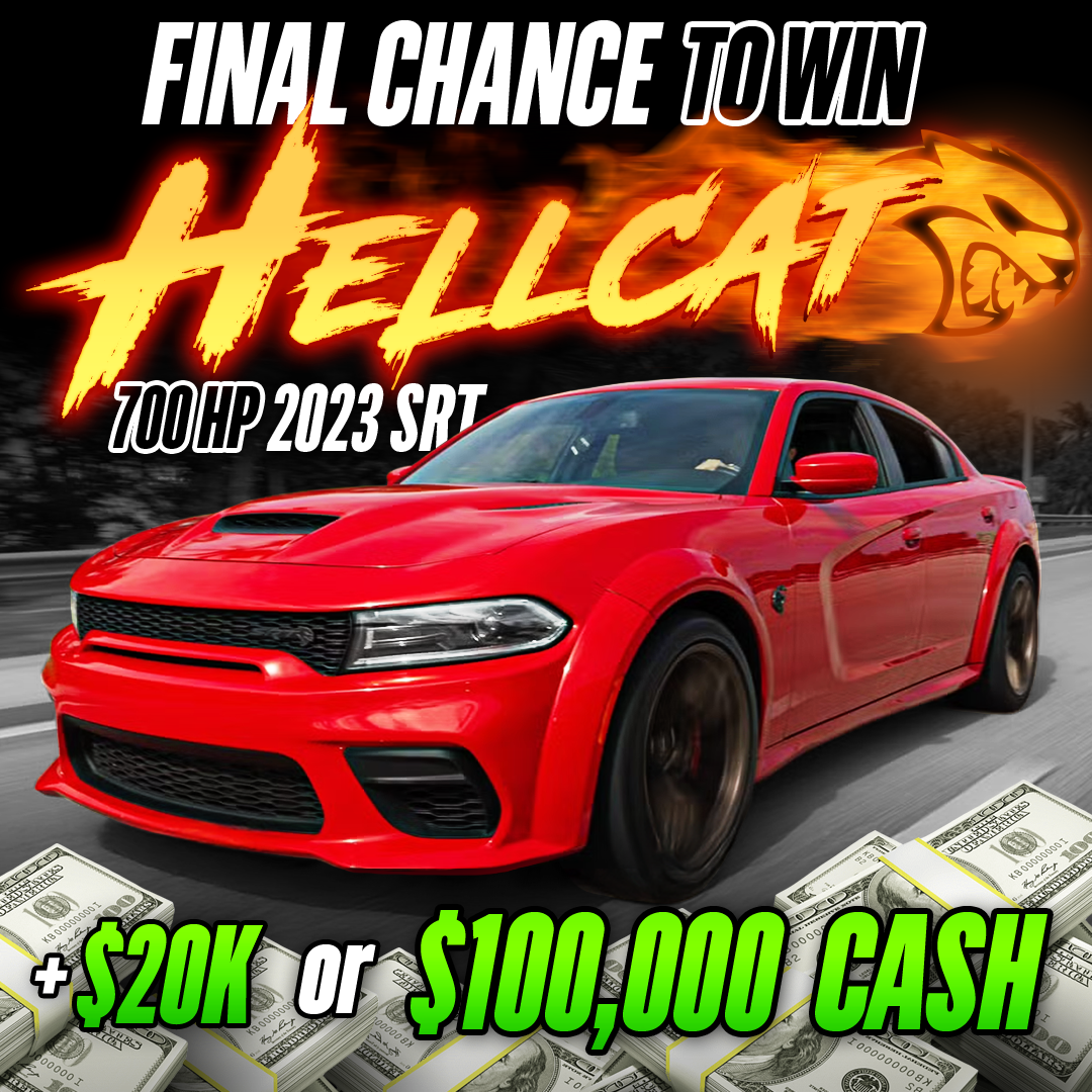 Red car with text promoting a chance to win cash or a Hellcat.