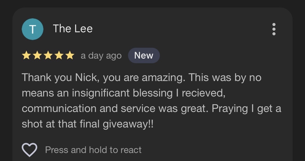 A five-star review praising communication and service, mentioning a giveaway.