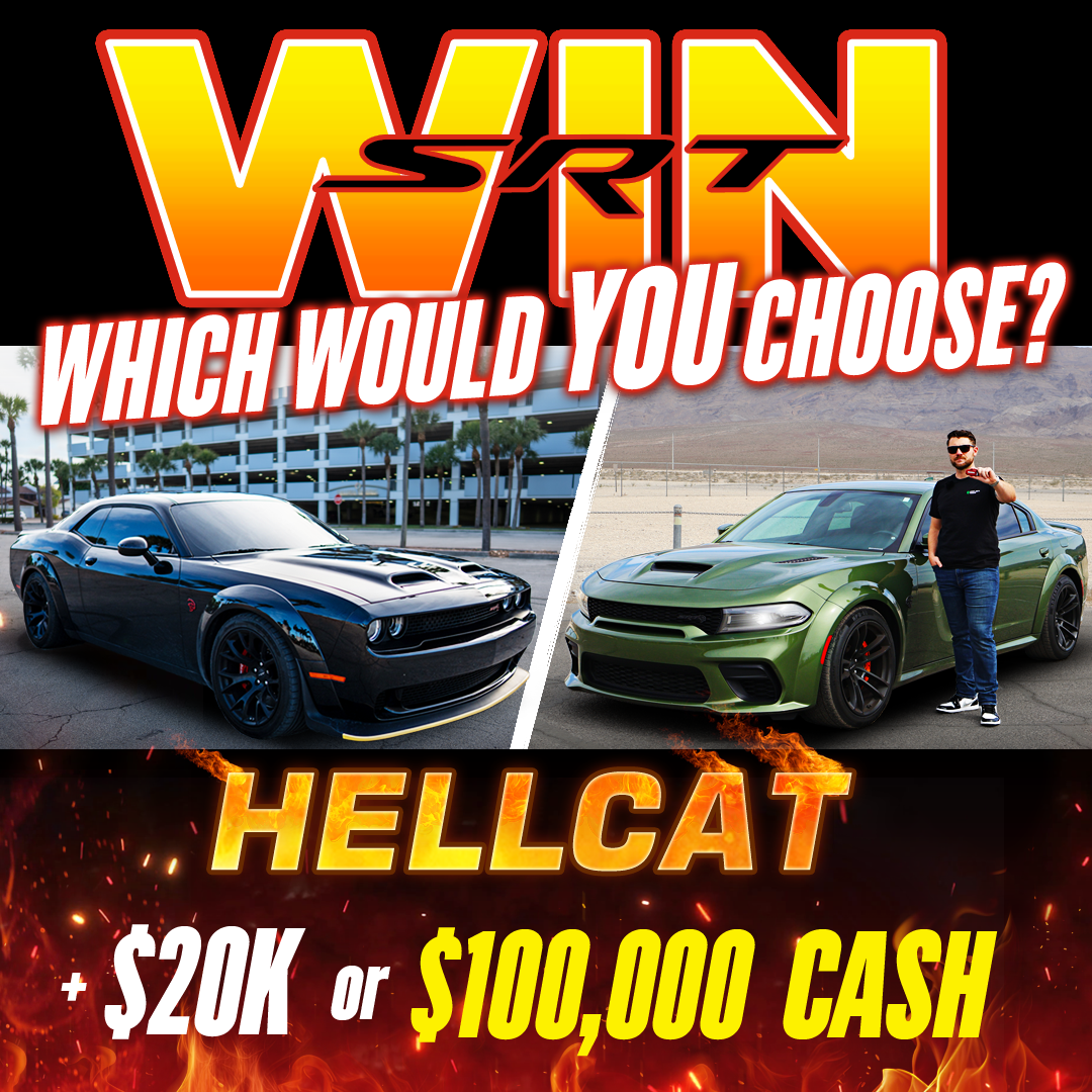 Promotional graphic for a car giveaway with a black Dodge Challenger and a green Dodge Charger.