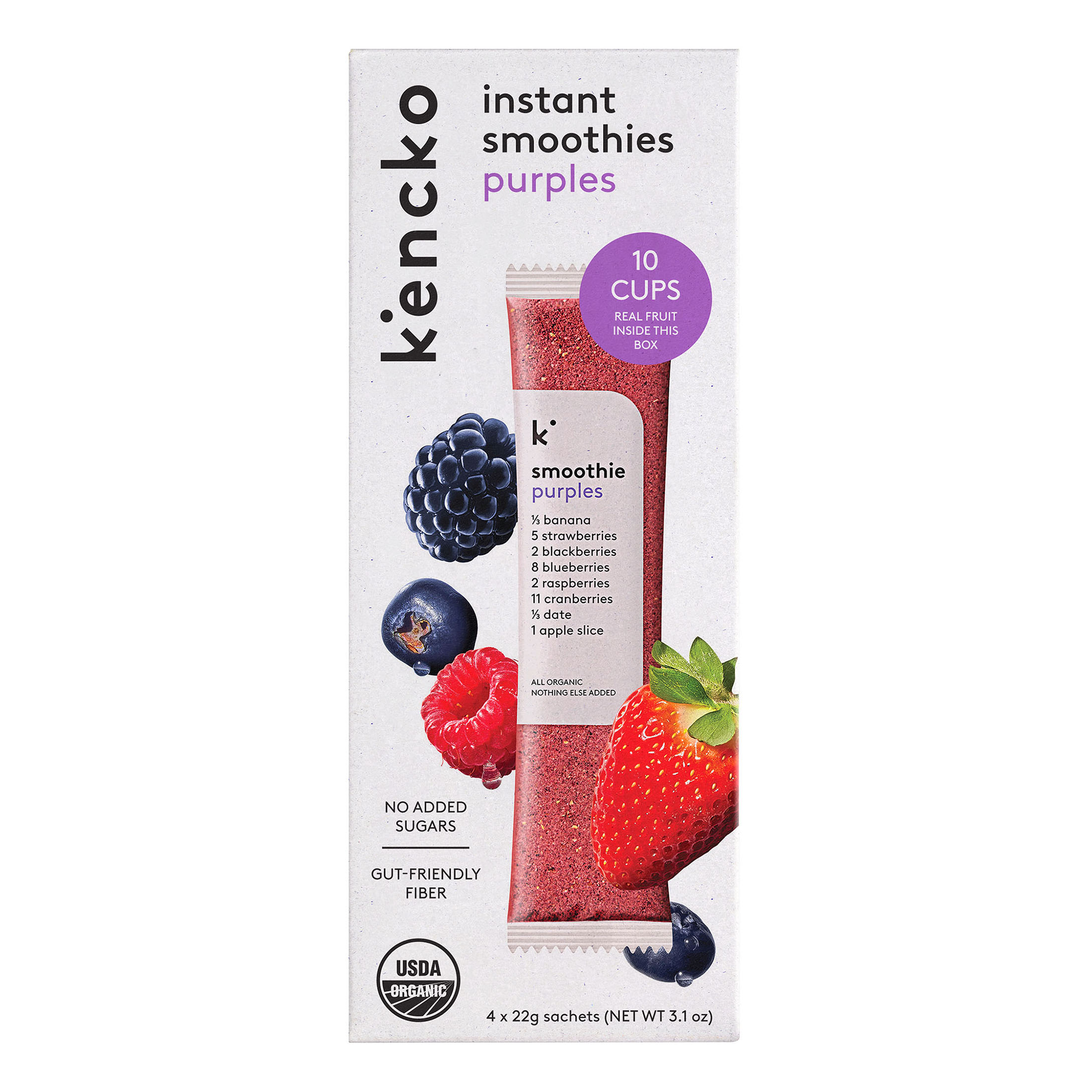 Smoothie packet with berry ingredients and text about flavor and nutritional benefits.