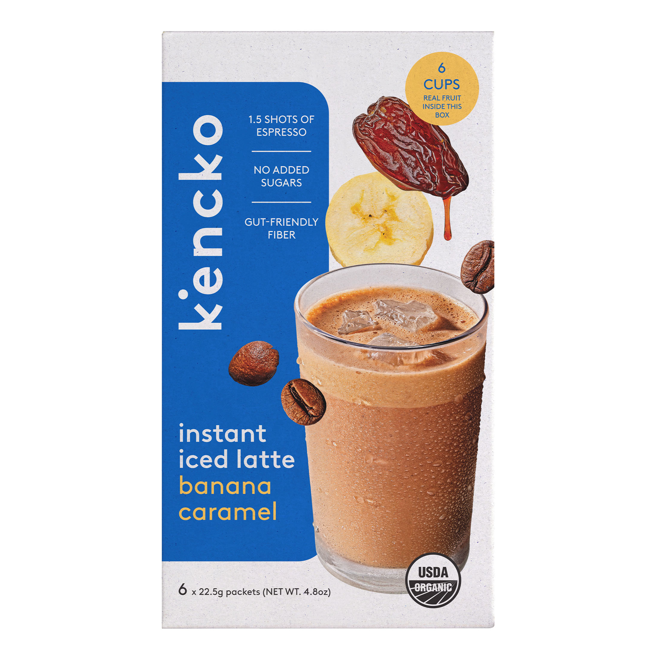 Kencko instant iced latte banana caramel packaging with coffee beans and fruit images.