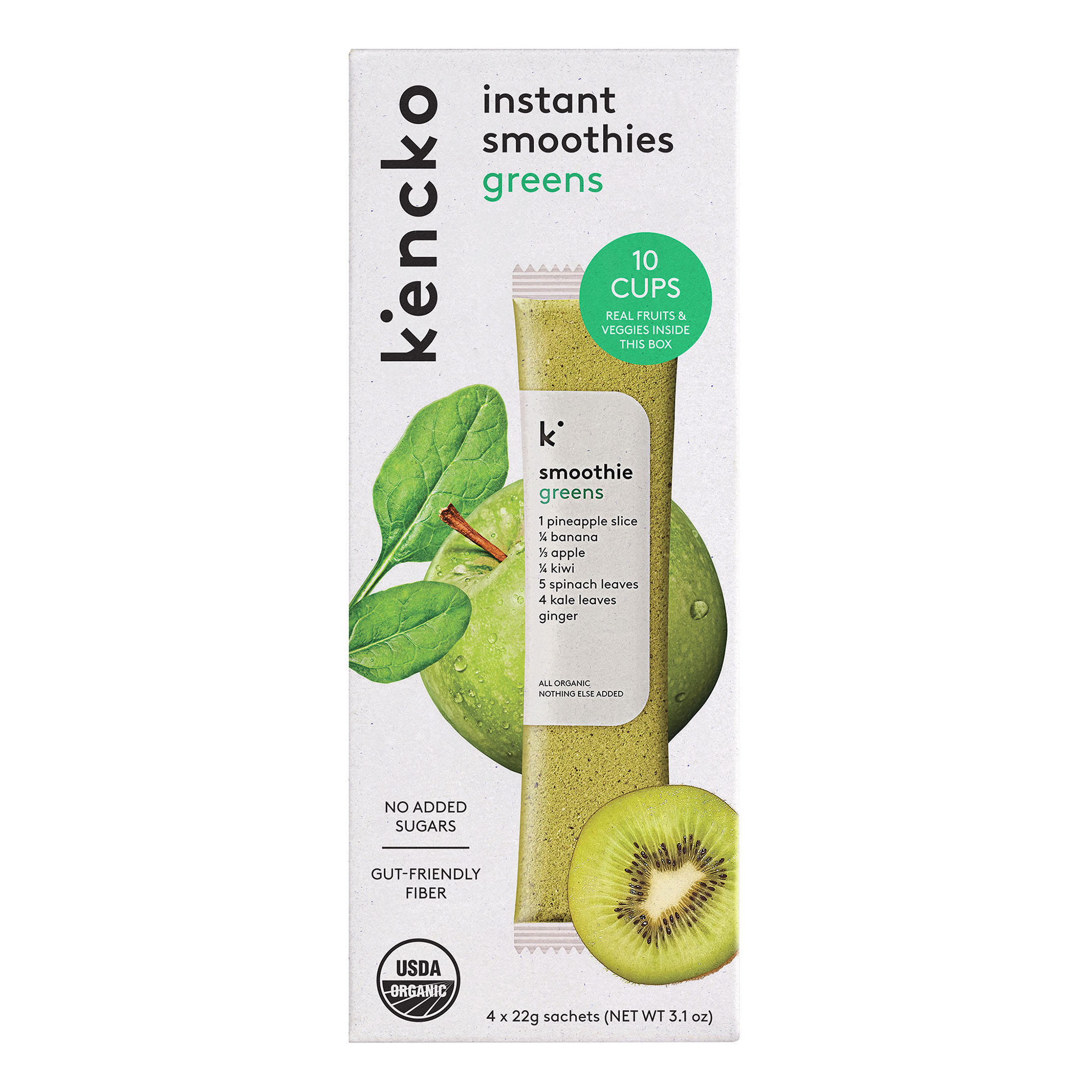 Kencko instant smoothies greens box with ingredients and USDA organic label.