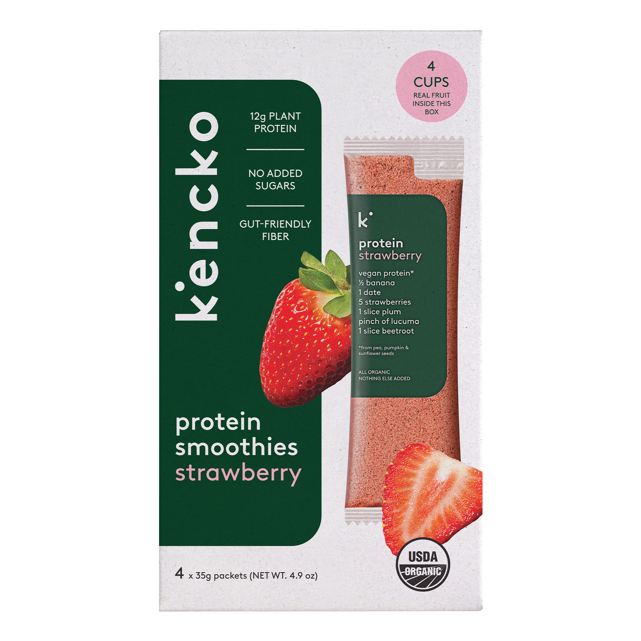Strawberry protein bar packaging with ingredients and organic certifications displayed.