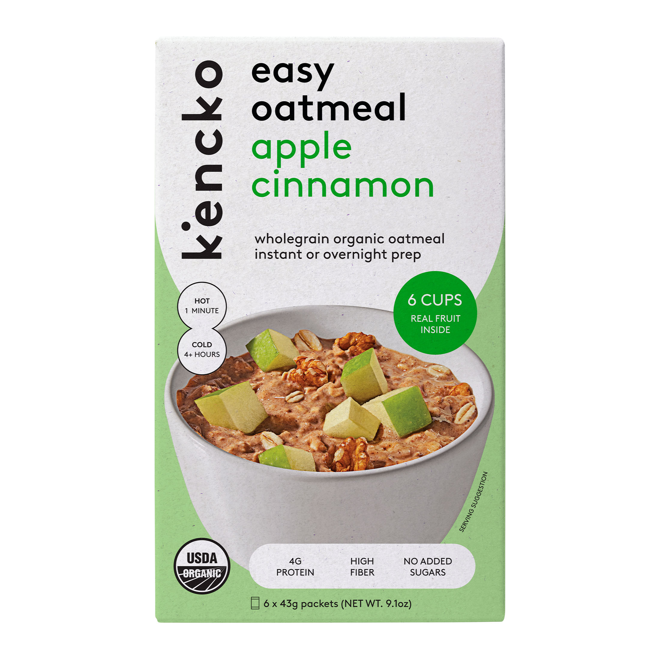 Box of Kencko apple cinnamon oatmeal with image of oatmeal bowl.