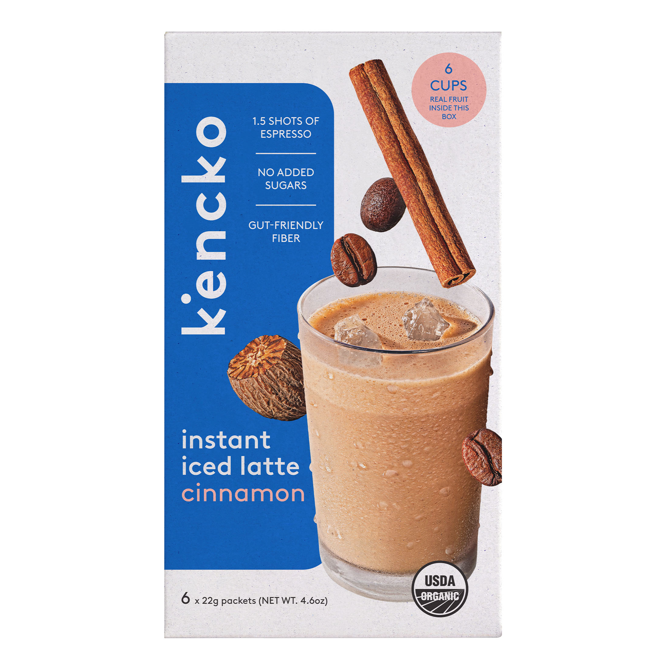 Box of Kencko instant iced latte cinnamon with coffee beans and cinnamon stick.