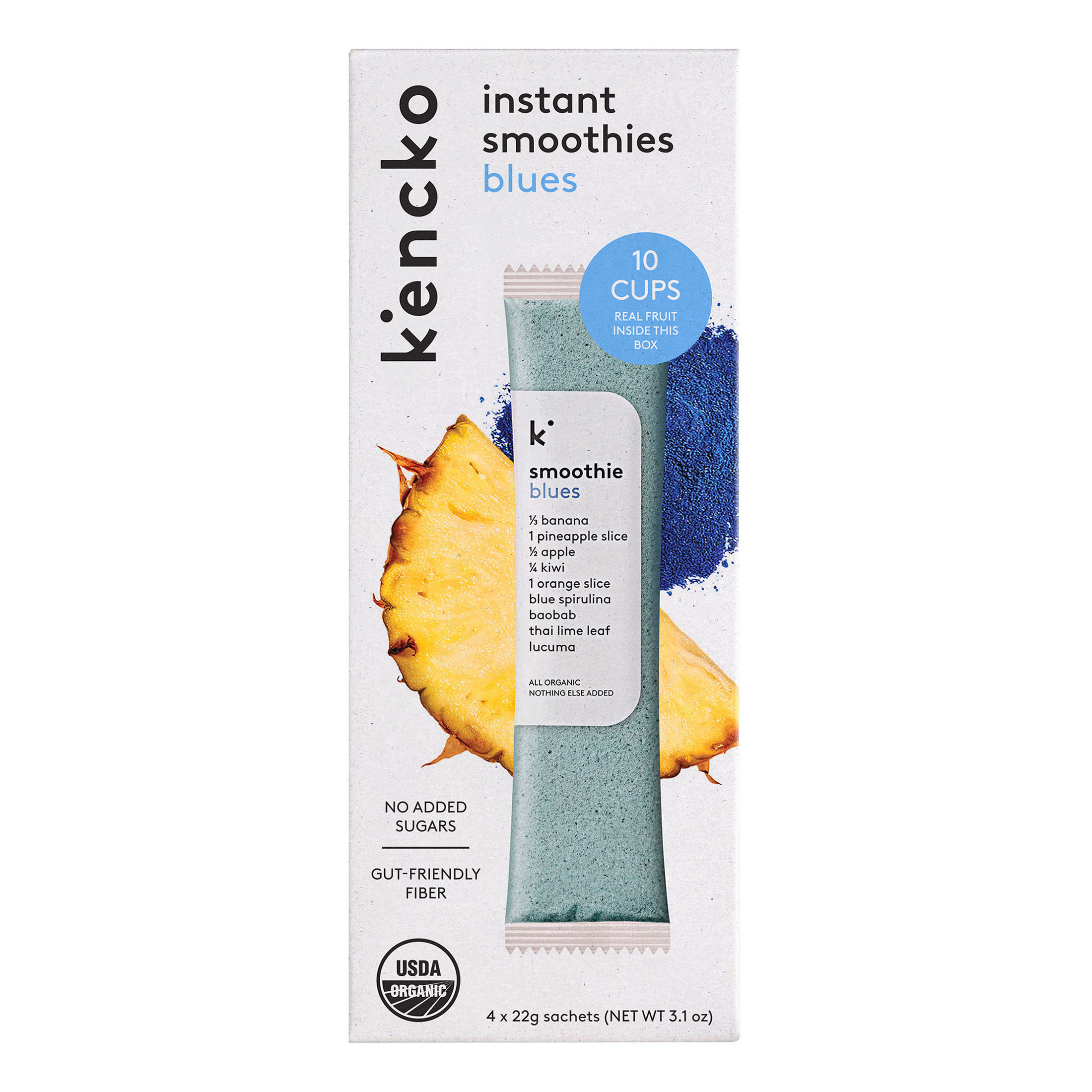 Kencko instant smoothies box with pineapple and blue powder images.