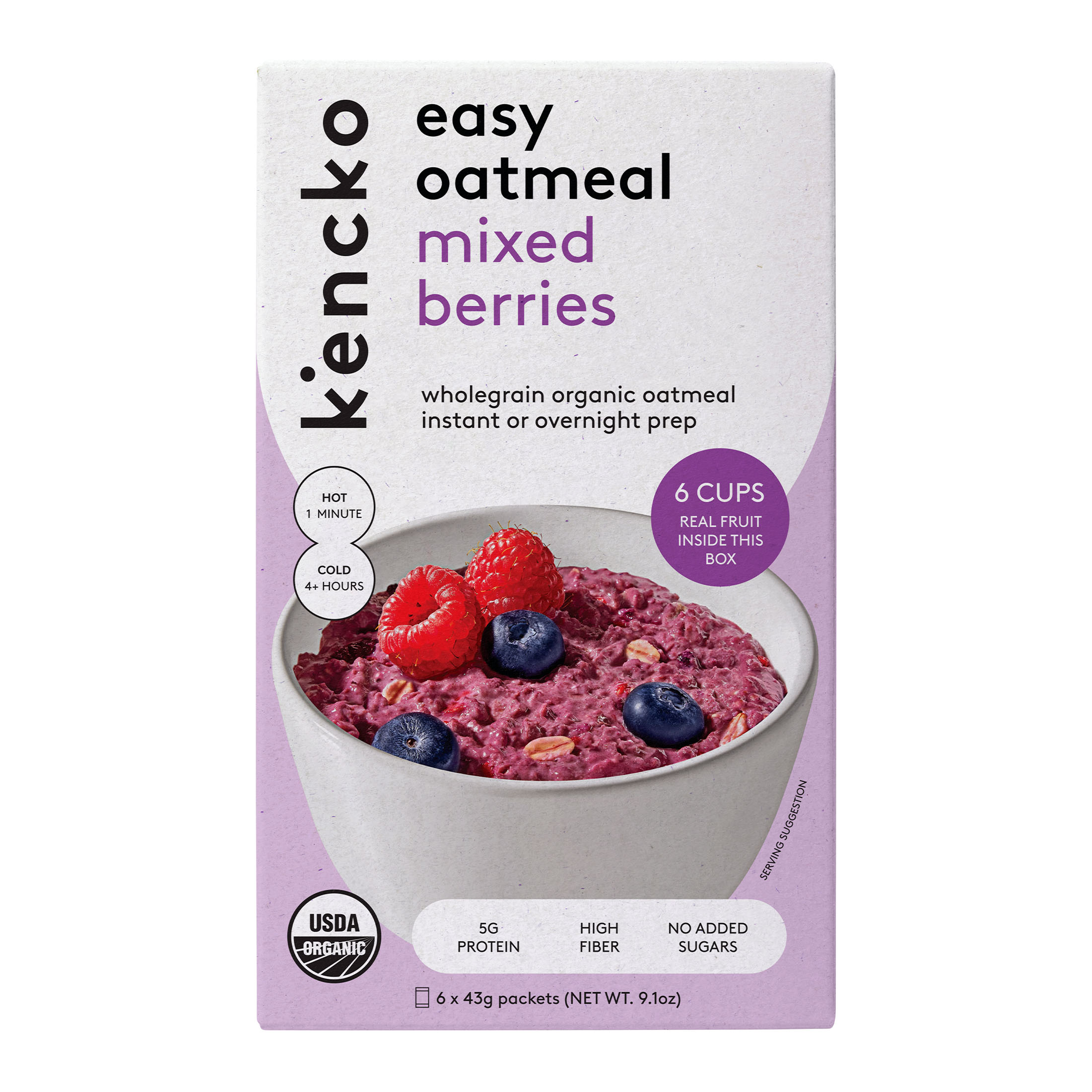 Box of Kencko easy oatmeal with mixed berries on the packaging.