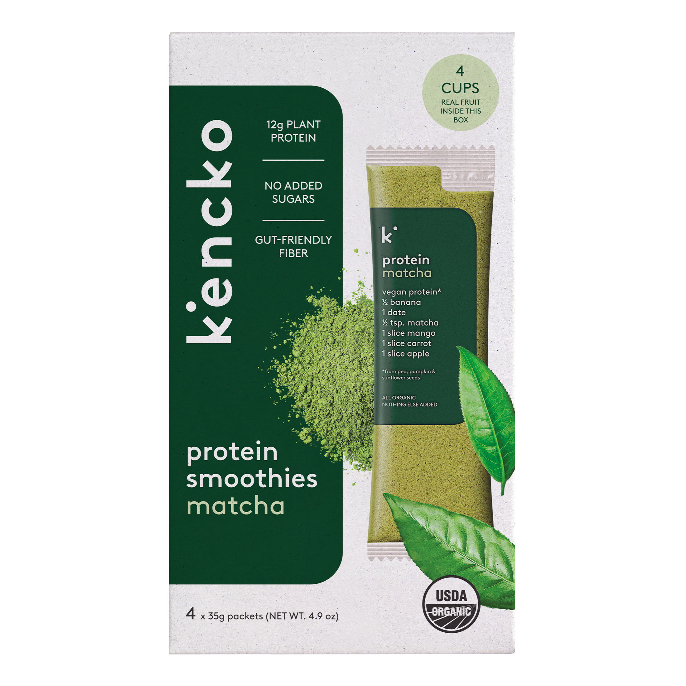 Matcha protein bar with ingredients and organic certifications on packaging.