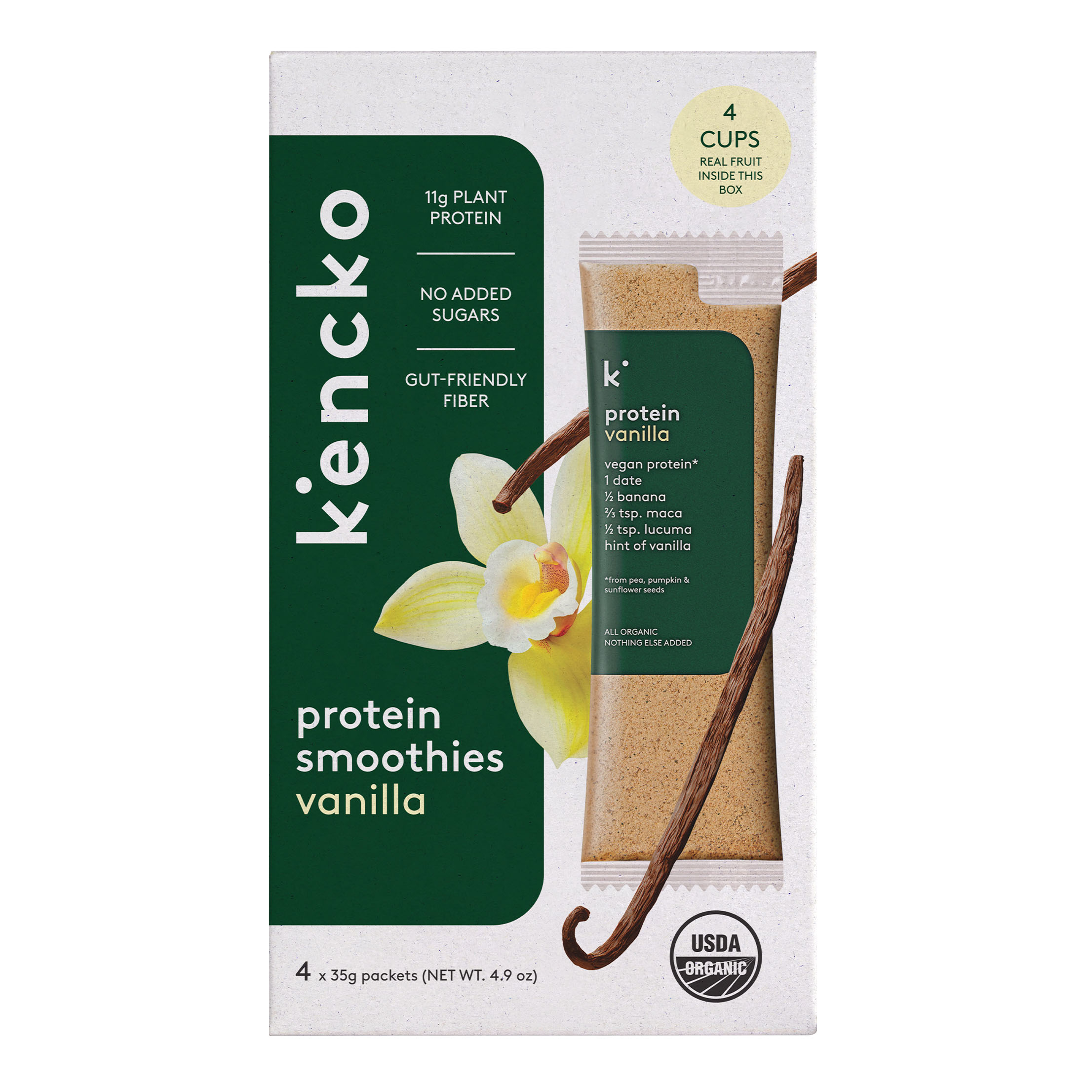 Kencko vanilla protein smoothie box with ingredients and USDA organic label.