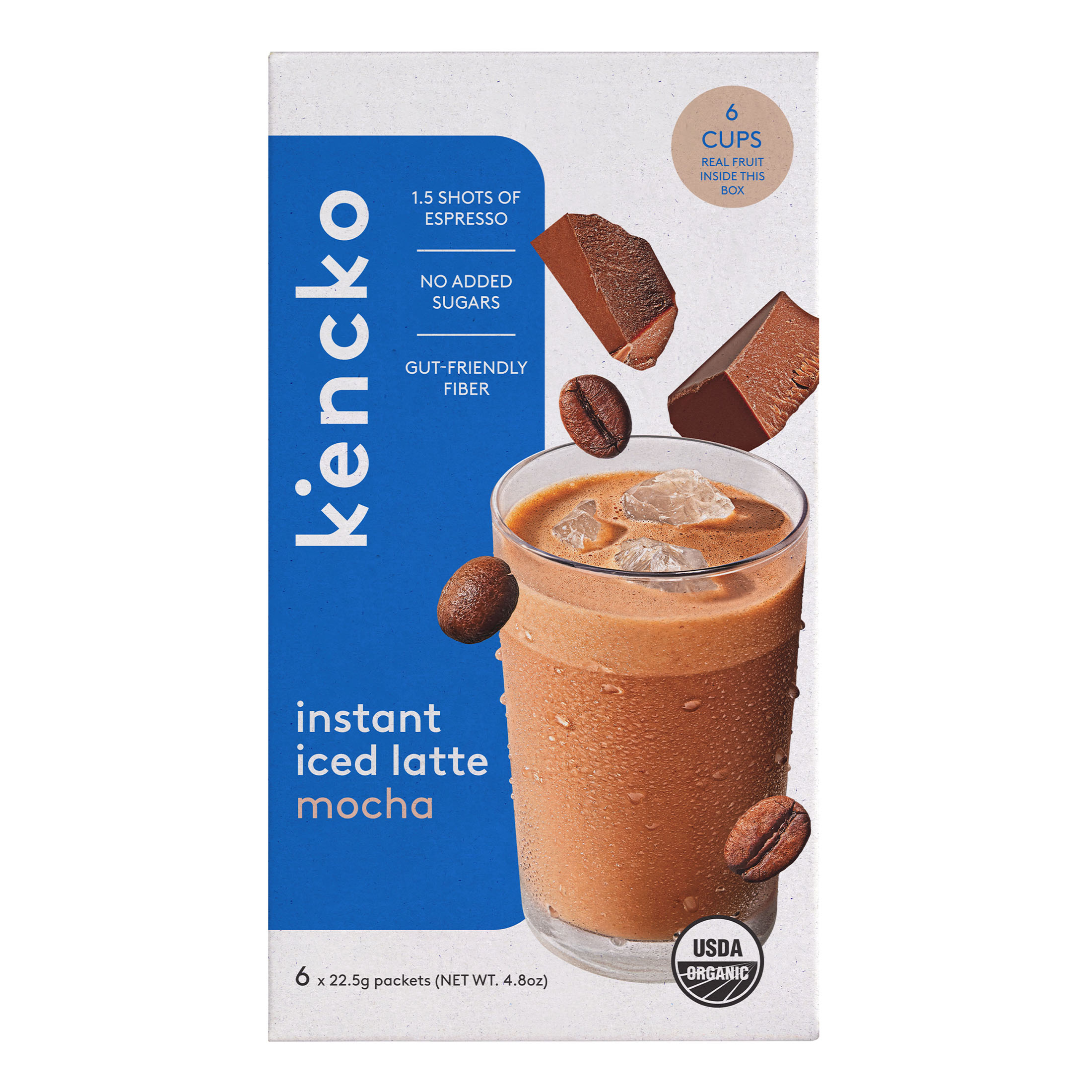 Box of Kencko instant iced latte mocha with coffee beans and chocolate pieces.