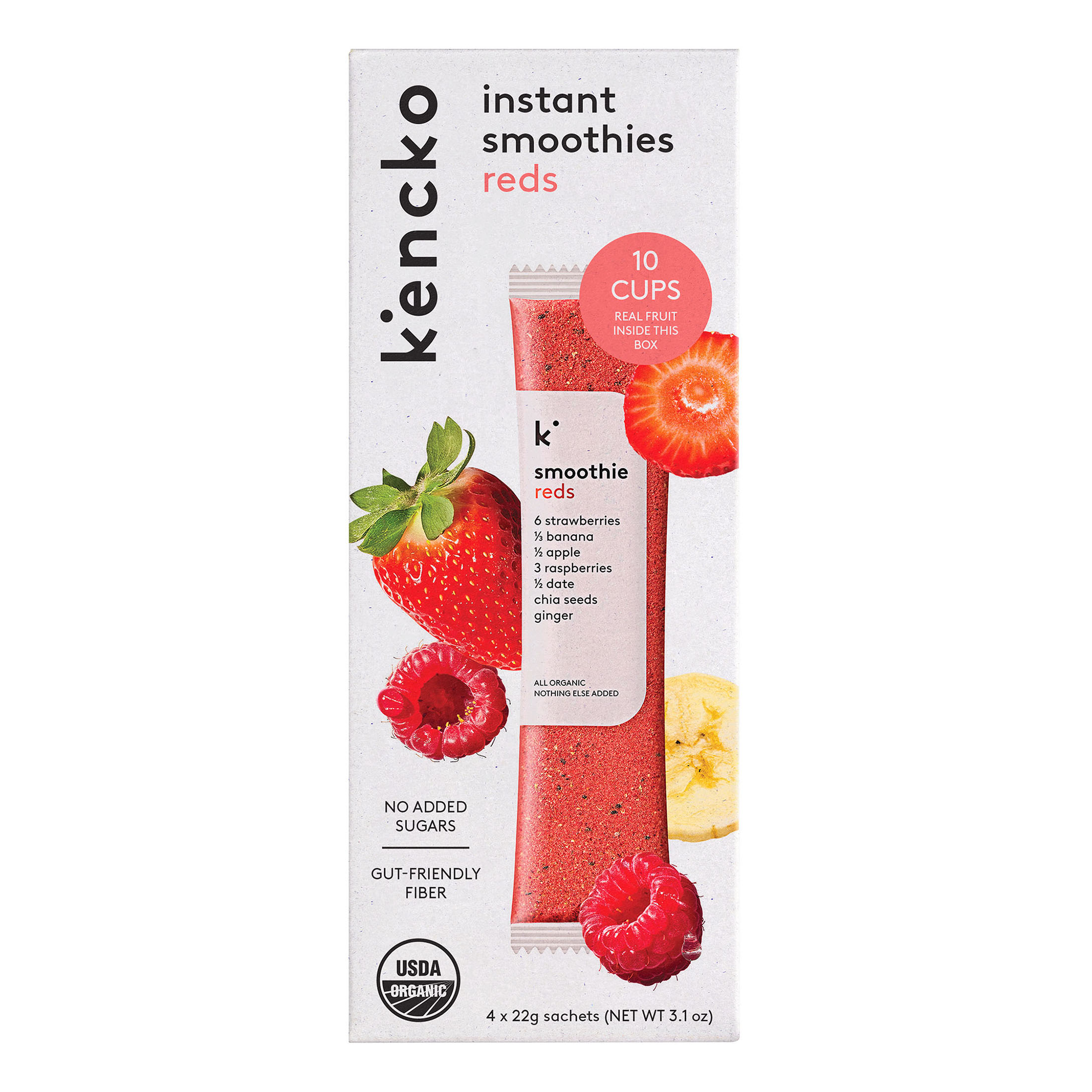 Kencko instant smoothies box with fruit images and ingredient list.