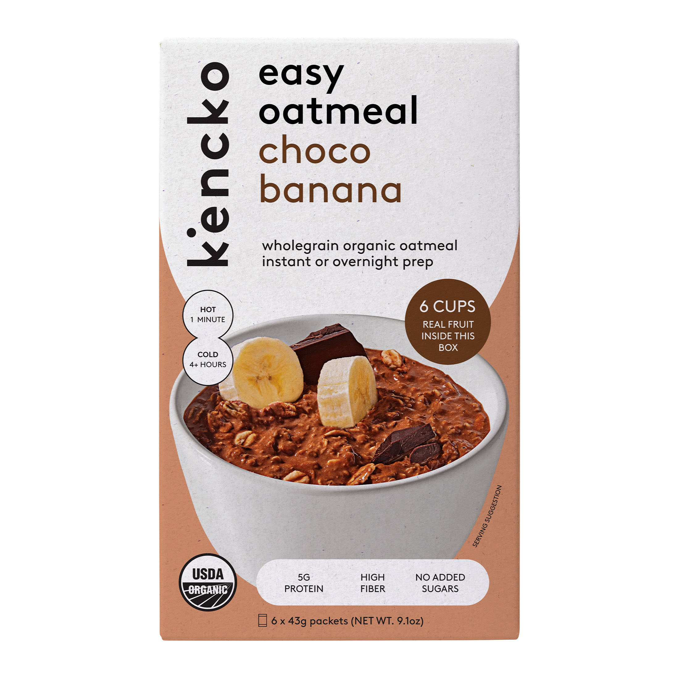 Spoonful of chocolate oatmeal with text about fiber, protein, and no added sugar.
