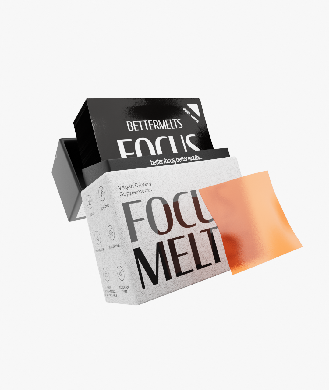 Packaging of 'Focus Melt' vegan dietary supplements with an orange peel-off strip.